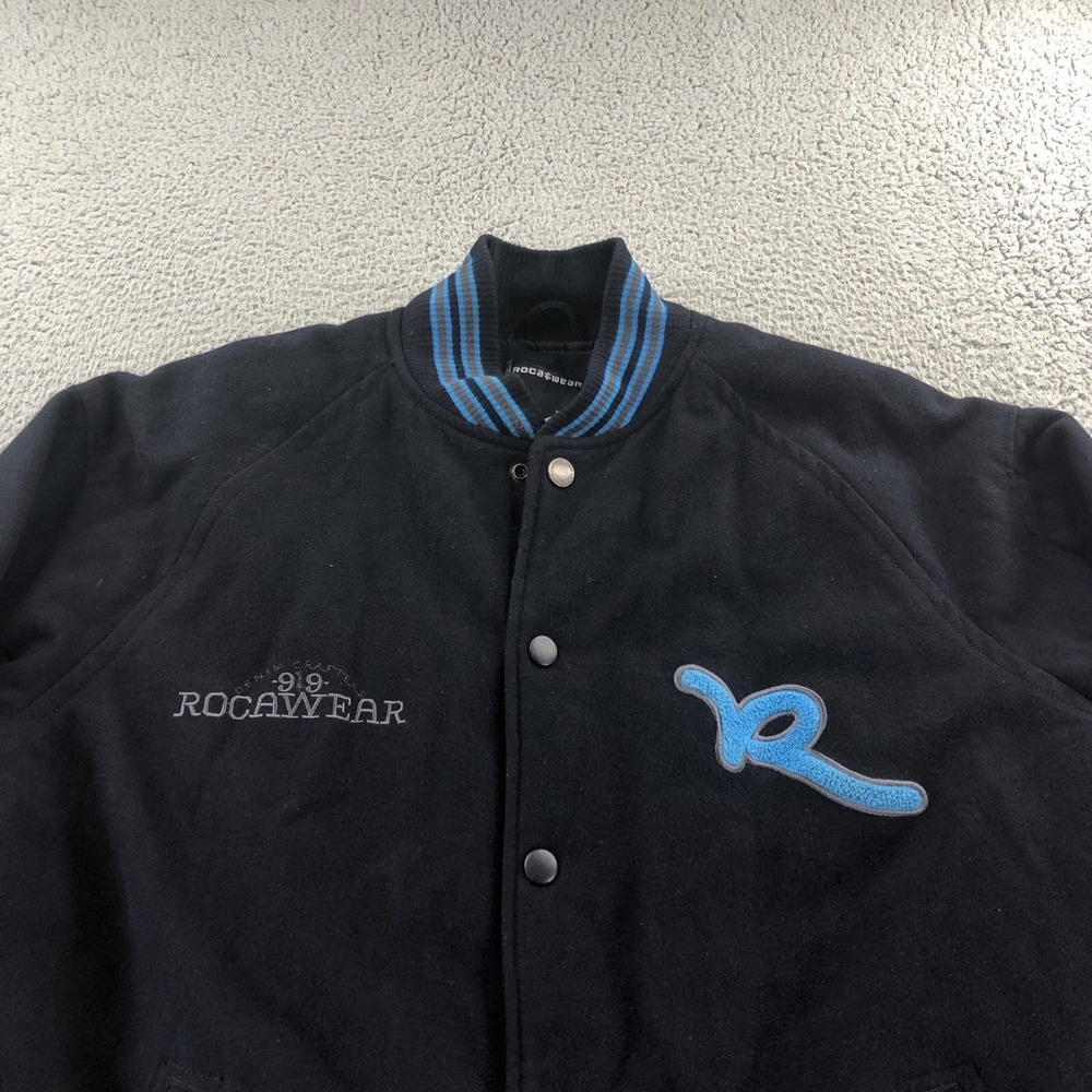 VTG Rocawear Jacket Mens 2XL Blue Wool Blend Varsity Bomber Embroidered 99 Logo